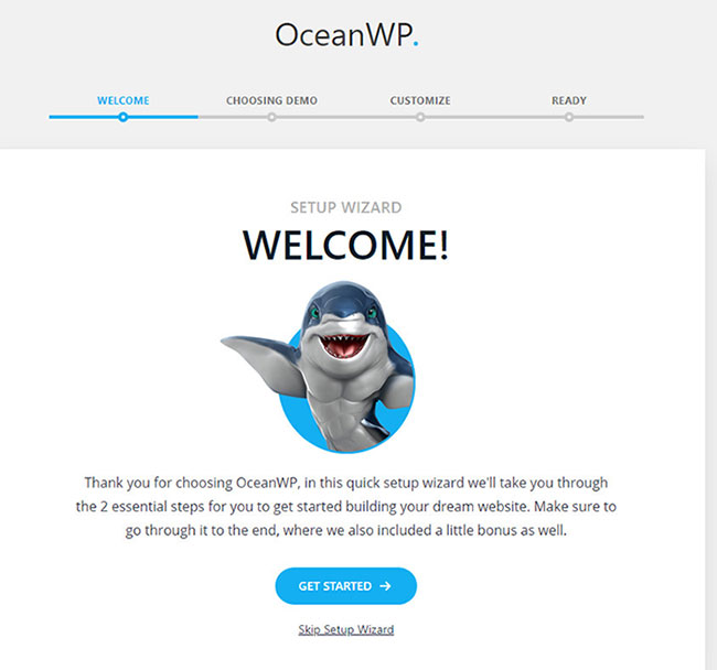 asistente de configuración en el tema oceanwp