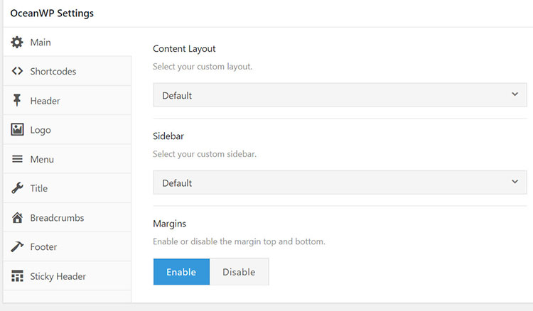 configuración del tema oceanwp