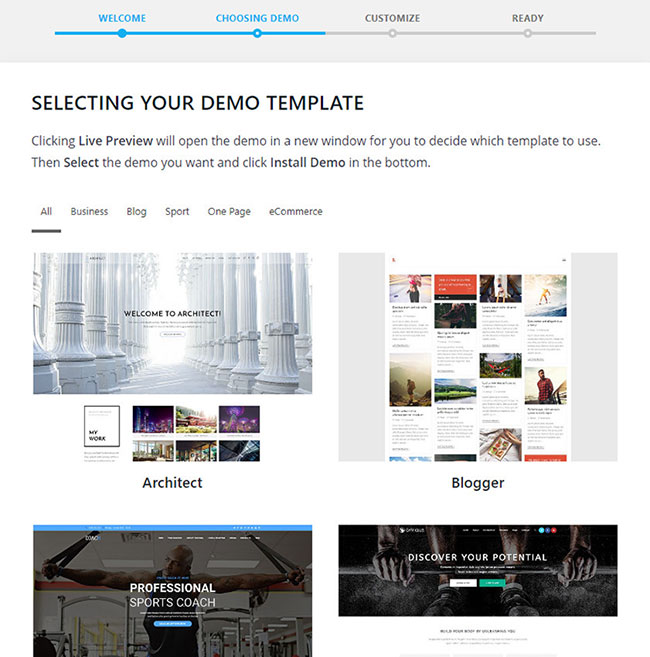 elegir una demostración preparada en el asistente de configuración
