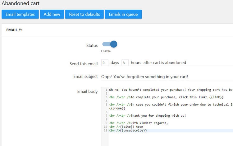 alidropship terkedilmiş sepet ayarları
