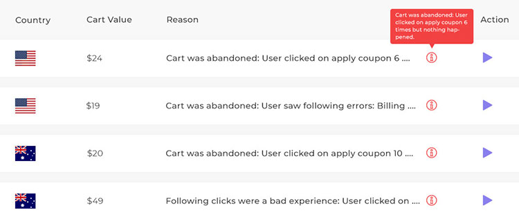 مثال على تسجيل جلسة مستخدم HumCommerce.