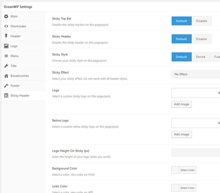 lepki nagłówek oceanwp