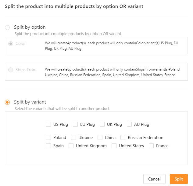 DSers 분할 옵션 선택.