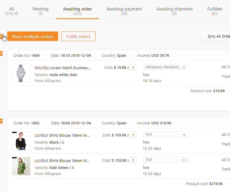 DSers AliExpress 주문 관리.