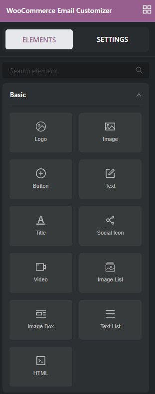 YayMail, temel, genel ve WooCommerce öğeleriyle birlikte gelir.