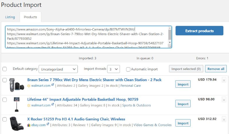 Beispiel für den Import von externen Importeur-Produkten.