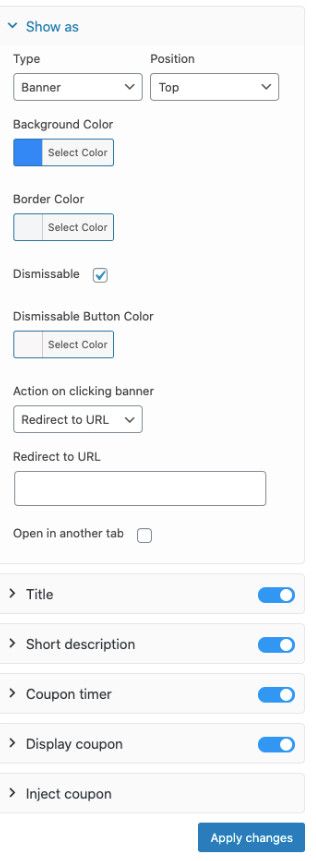Einstellungsoptionen für Coupon-Banner.