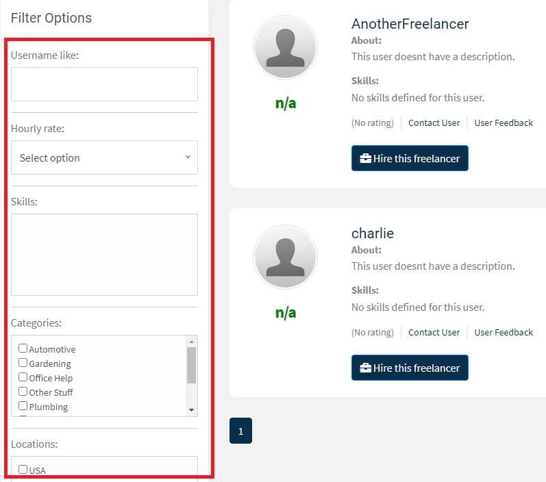Sie können Freiberufler nach bestimmten Kriterien filtern.