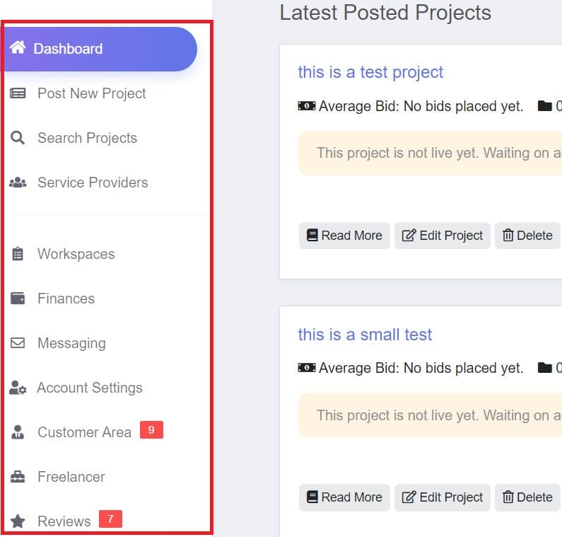 Freelancer WordPress Theme bietet ein einfach zu bedienendes Benutzer-Dashboard.