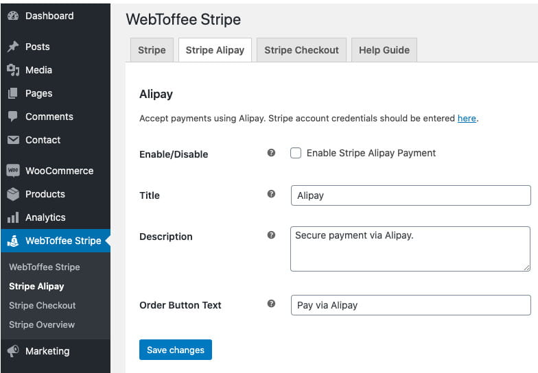 การผสานรวม Stripe Alipay WooCommerce