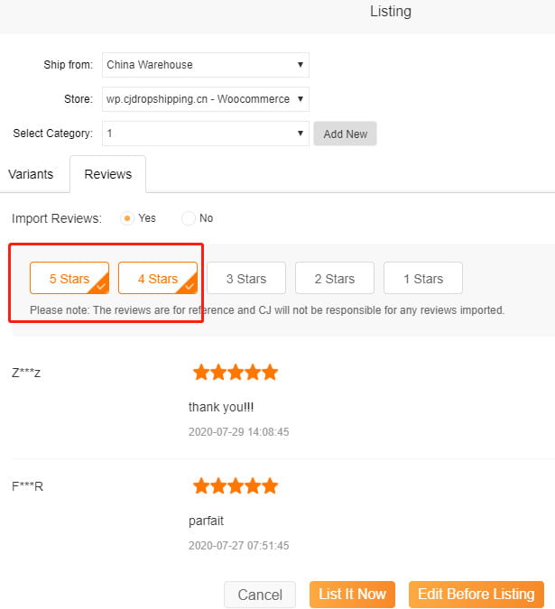 CJdropshipping импортирует отзывы в магазин.