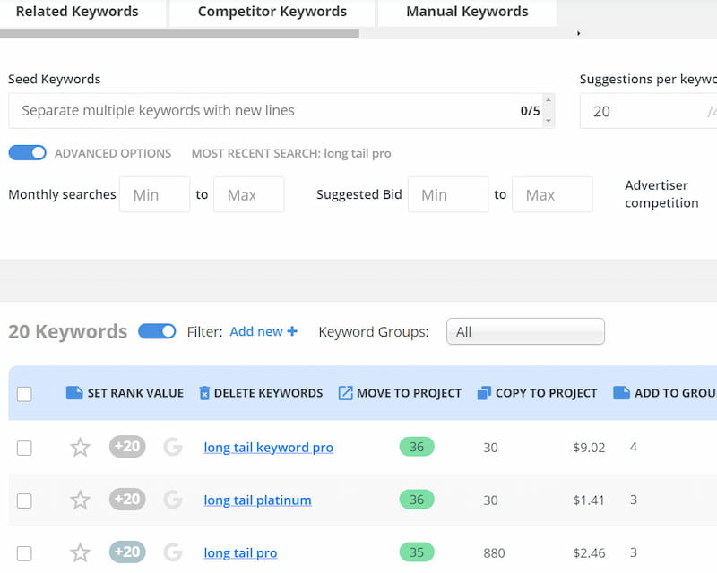 Long Tail Pro 키워드 조사 검토.