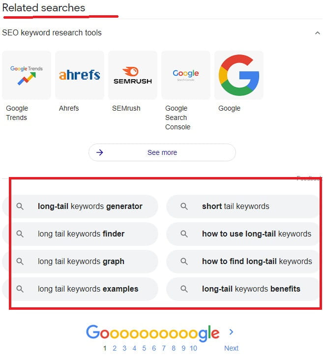Sekcja wyszukiwań związanych z Google.