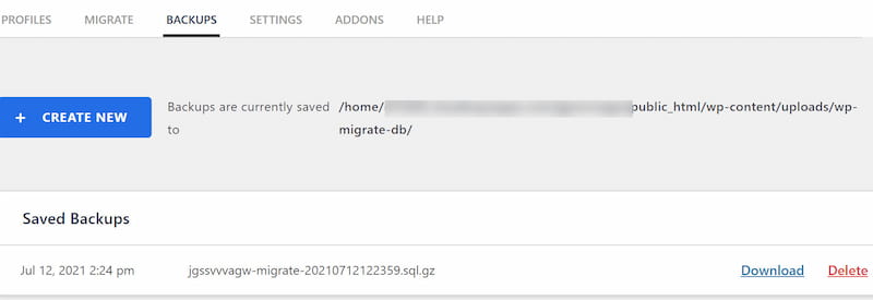Archivos de copia de seguridad de WP Migrate DB.