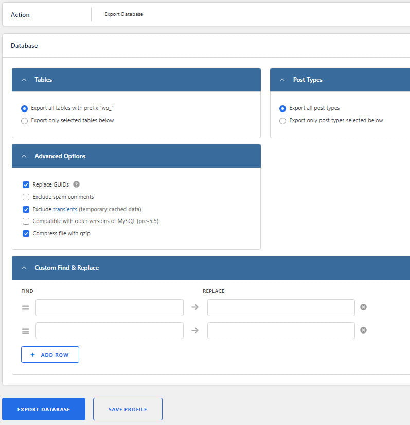 Opciones de exportación de la base de datos de WP Migrate DB