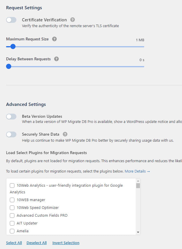 Pestaña WP Migrate DB settings.