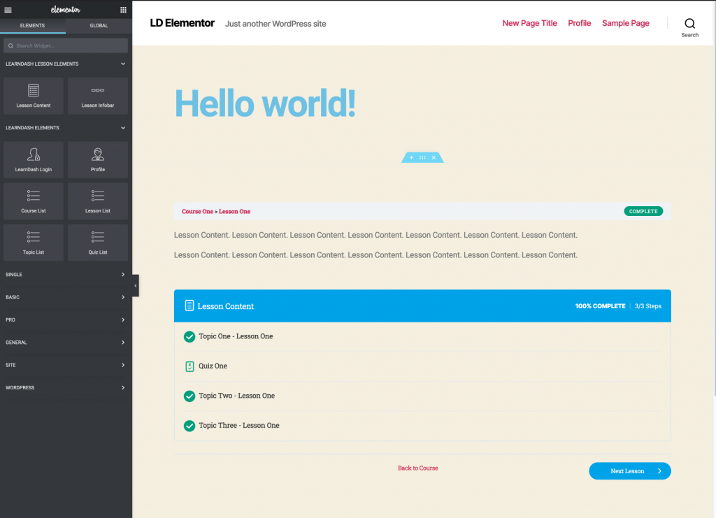 ตัวอย่างเทมเพลตบทเรียน LearnDash ใน Elementor