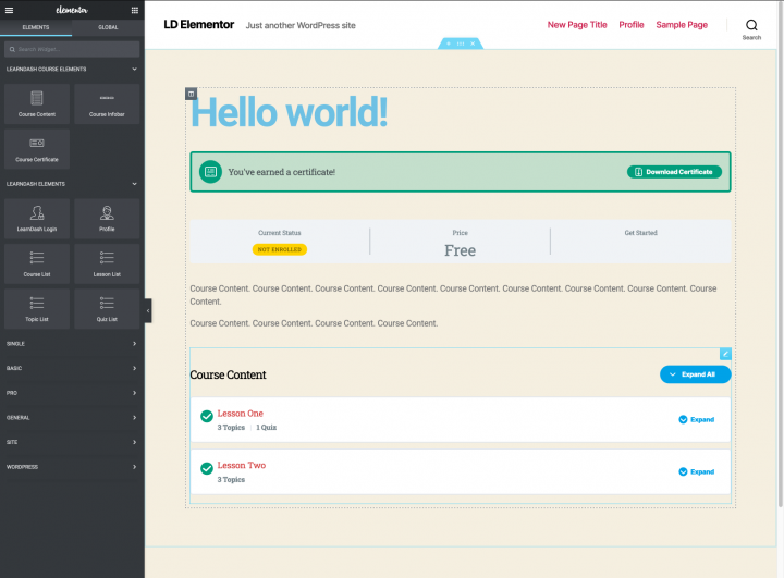 Elementor และ LearnDash 2 – องค์ประกอบของหลักสูตร A preview of the LearnDash course template in Elementor