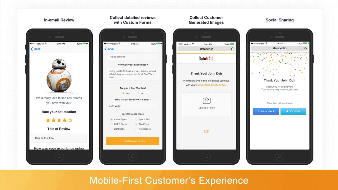 Shopify가 포함된 Stamped io 애플리케이션의 단계별 고객 경험.