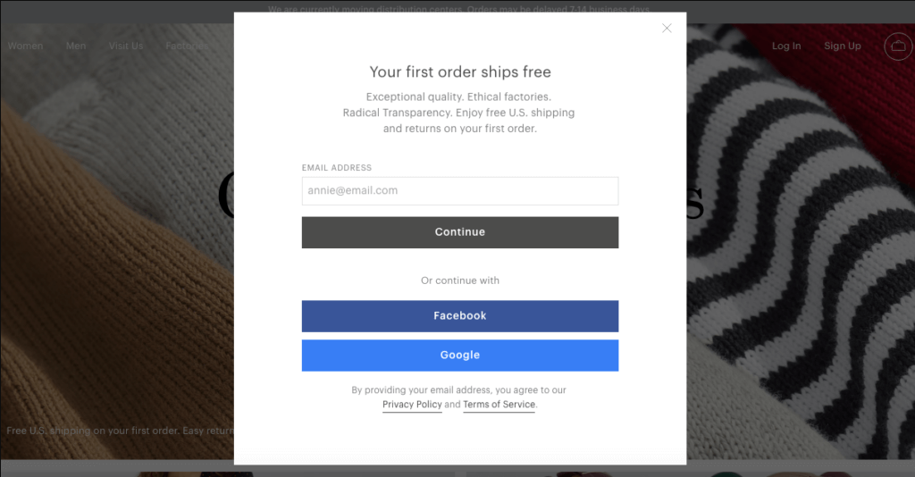 ejemplo emergente de intención de salida de Everlane