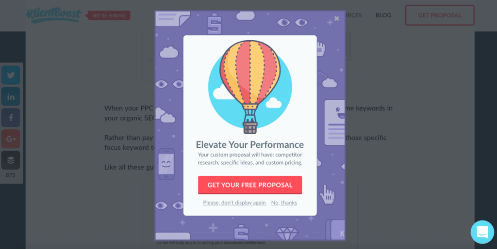 Ejemplo de ventana emergente para aclarar el estado de ánimo de klient boost