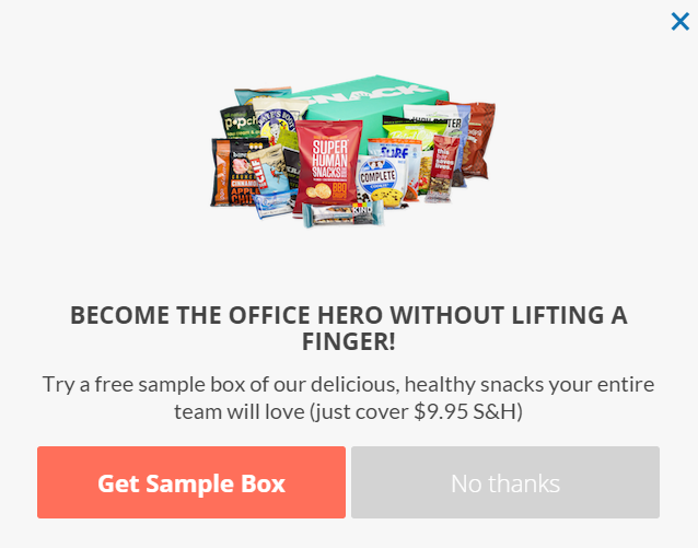 ejemplo de ventana emergente con intención de salida de muestra gratuita de snack nation