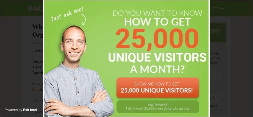 Ejemplo de ventana emergente backlinko con intención de salida con miedo a perderse el efecto