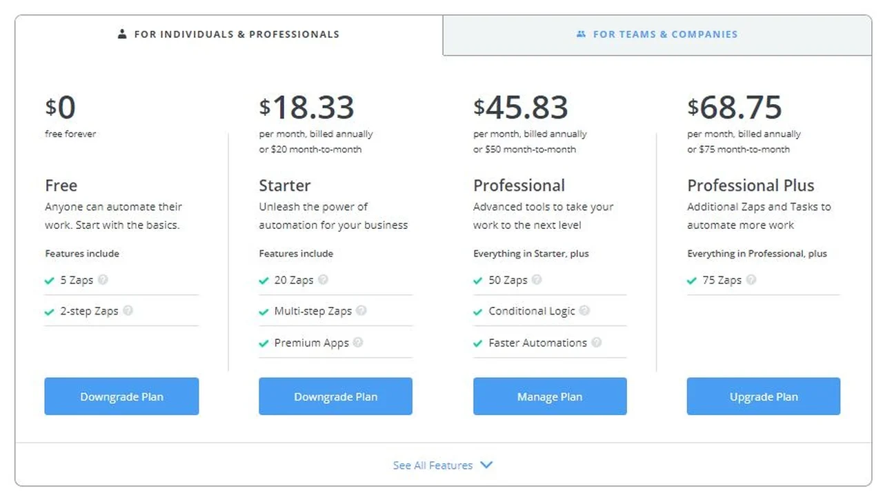 Plan tarifaire de l'application Zapier pour les clients individuels
