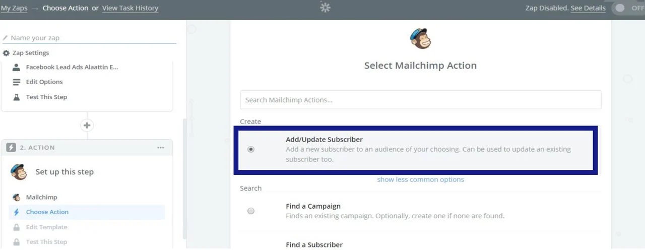 choisissez une action pour l'application d'action