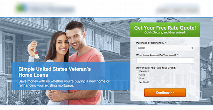 Esta imagen muestra cómo un servicio de préstamos hipotecarios para veteranos de los Estados Unidos utiliza una imagen de pareja feliz como imagen de héroe de la página de destino posterior al clic para aumentar las conversiones.