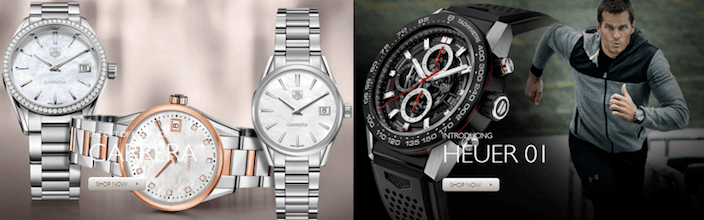 Esta imagen muestra cómo Tag Heuer usa una foto de producto junto al respaldo de una celebridad para aumentar las conversiones y las ventas.