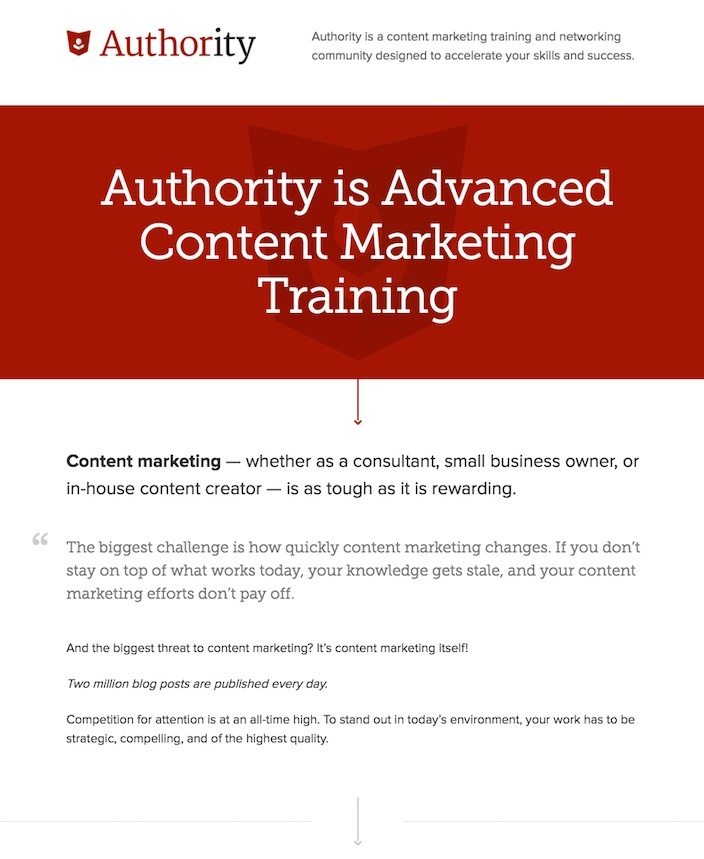 Esta imagen muestra a los especialistas en marketing cómo la página de ventas de la comunidad "Autoridad" de Copyblogger convierte a más visitantes en clientes de pago.