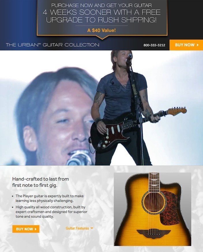 Esta imagen muestra cómo la estrella de la música country Keith Urban usa una página de ventas optimizada para vender más guitarras.