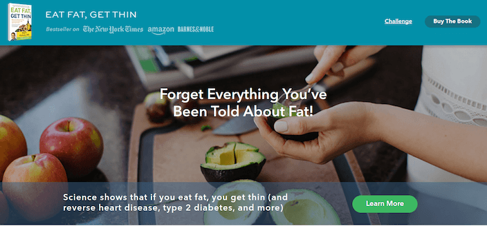 Esta imagen muestra cómo el programa "Eat Fat, Get Thin" del Dr. Mark Hyman utiliza una página de ventas optimizada para registrar más clientes.