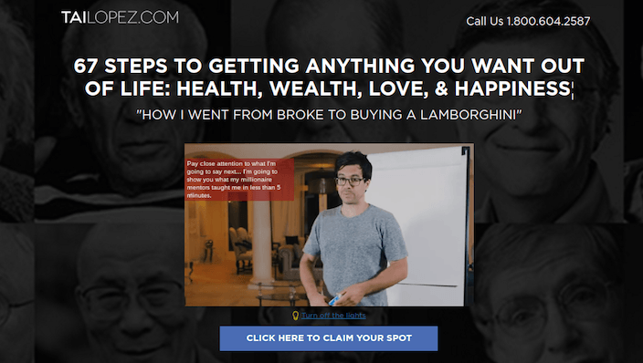 Esta imagen muestra cómo Tai Lopez usa una página de ventas optimizada para vender más de su programa de vida mejor, "67 Steps", a la gente.