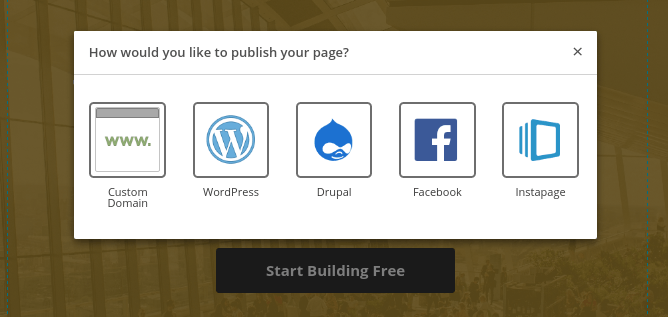 この写真は、マーケターにInstapage内の多くの公開オプションを示しています。