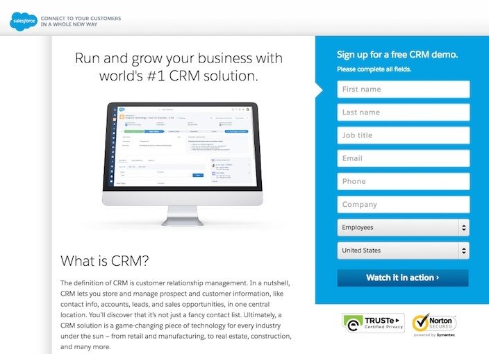 Questa immagine mostra ai professionisti del marketing perché Salesforce ha una delle migliori landing page post clic che troverai online.
