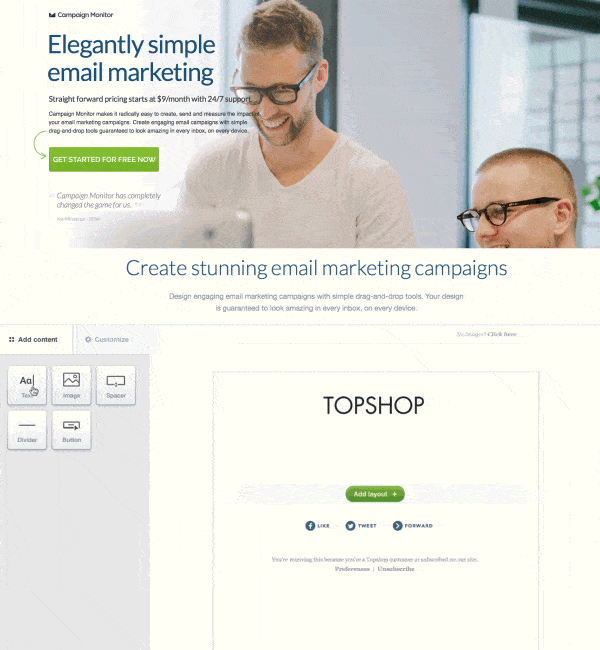Questa gif mostra come Campaign Monitor utilizza una pagina di destinazione post clic per convertire i lead e chiudere più vendite.