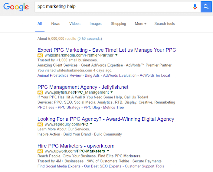 Esta imagem mostra os resultados da pesquisa de "ajuda de marketing de PPC" e como usar a correspondência de clientes do AdWords para obter uma melhor segmentação.