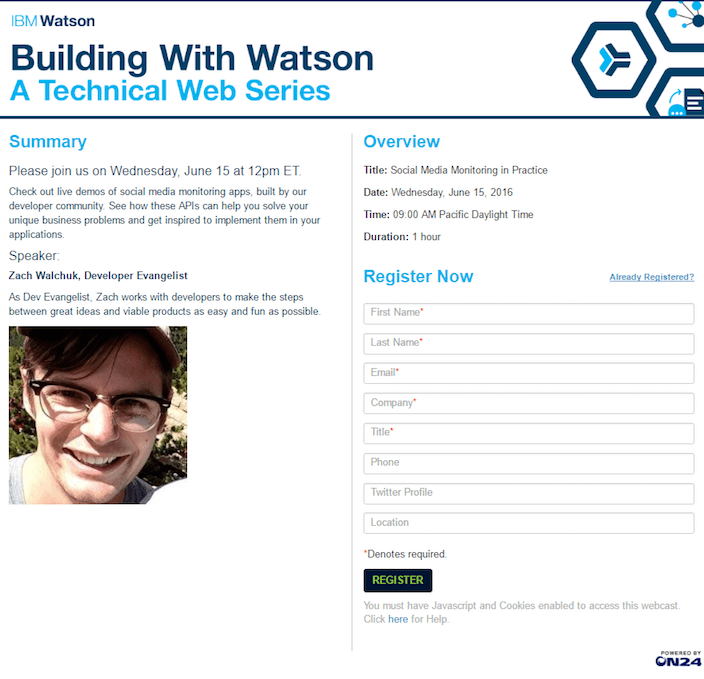 ภาพนี้แสดงให้นักการตลาดเห็นว่า IBM ใช้หน้า Landing Page ของการสัมมนาผ่านเว็บเพื่อสร้างลูกค้าเป้าหมายและการรับรู้ถึงแบรนด์ในโครงการ "Watson" อย่างไร