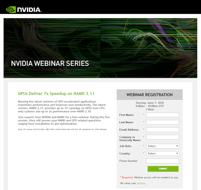 ภาพนี้แสดงให้นักการตลาดทราบว่า Nvidia ใช้หน้า Landing Page หลังการคลิกการสัมมนาผ่านเว็บเพื่อสร้างการรับรู้ถึงแบรนด์ โอกาสในการขาย และการขาย