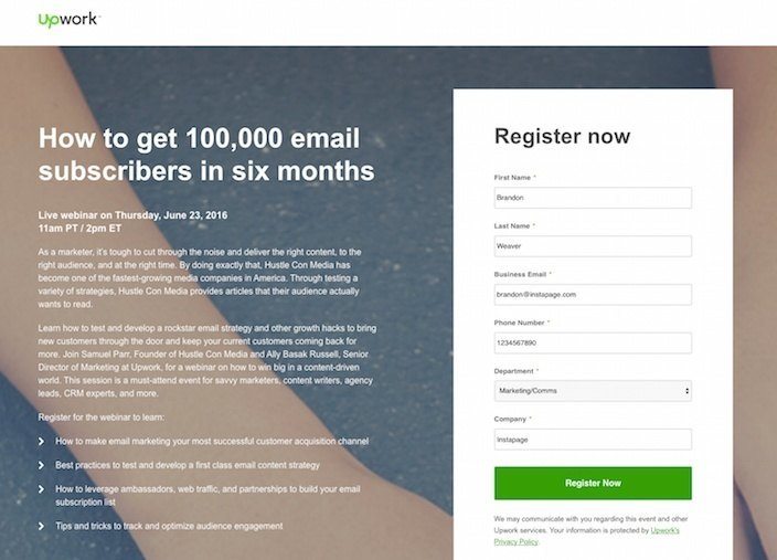 ภาพนี้แสดงให้นักการตลาดเห็นว่า Upwork ใช้หน้า Landing Page หลังการคลิกการสัมมนาผ่านเว็บเพื่อสร้างโอกาสในการขายและการขายอย่างไร