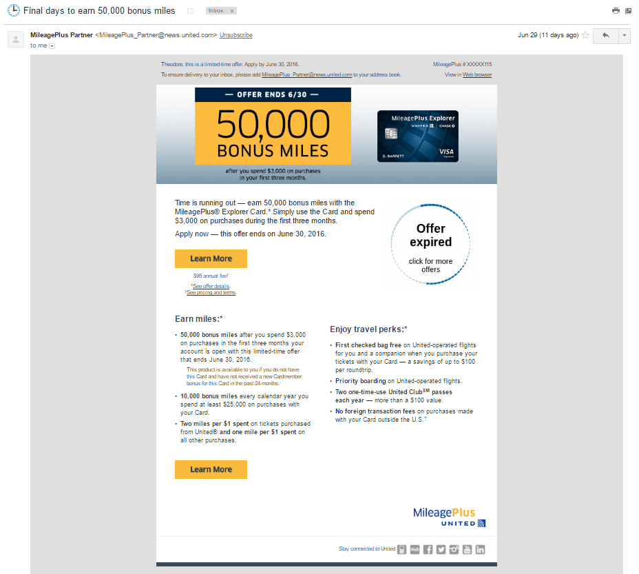 この写真は、ユナイテッド航空が電子メールの件名に希少性を使用して開封率を最大化する方法をマーケターに示しています。