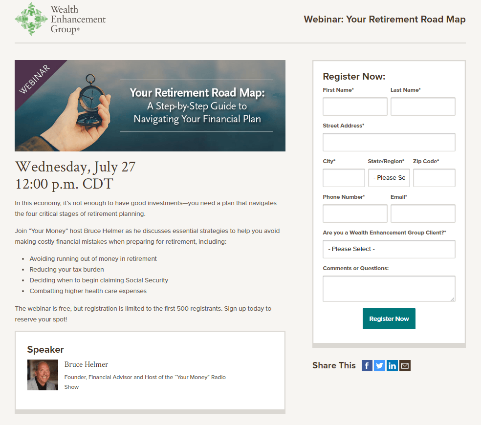 Esta imagen muestra a los especialistas en marketing cómo los asesores financieros para la jubilación pueden utilizar las páginas de destino posteriores al clic para generar registros de seminarios web y oportunidades de ventas.