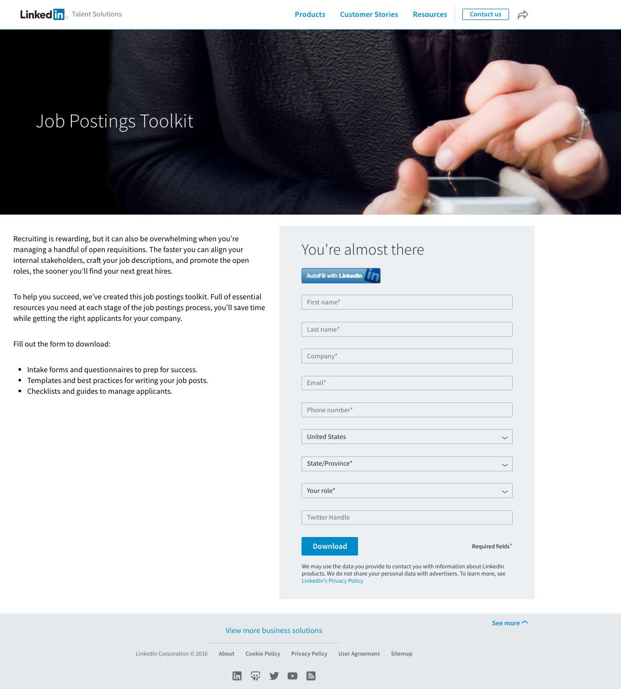 To zdjęcie pokazuje marketerom, w jaki sposób LinkedIn wykorzystuje stronę docelową po kliknięciu, aby generować potencjalnych klientów z ich zestawu narzędzi do zamieszczania ofert pracy.