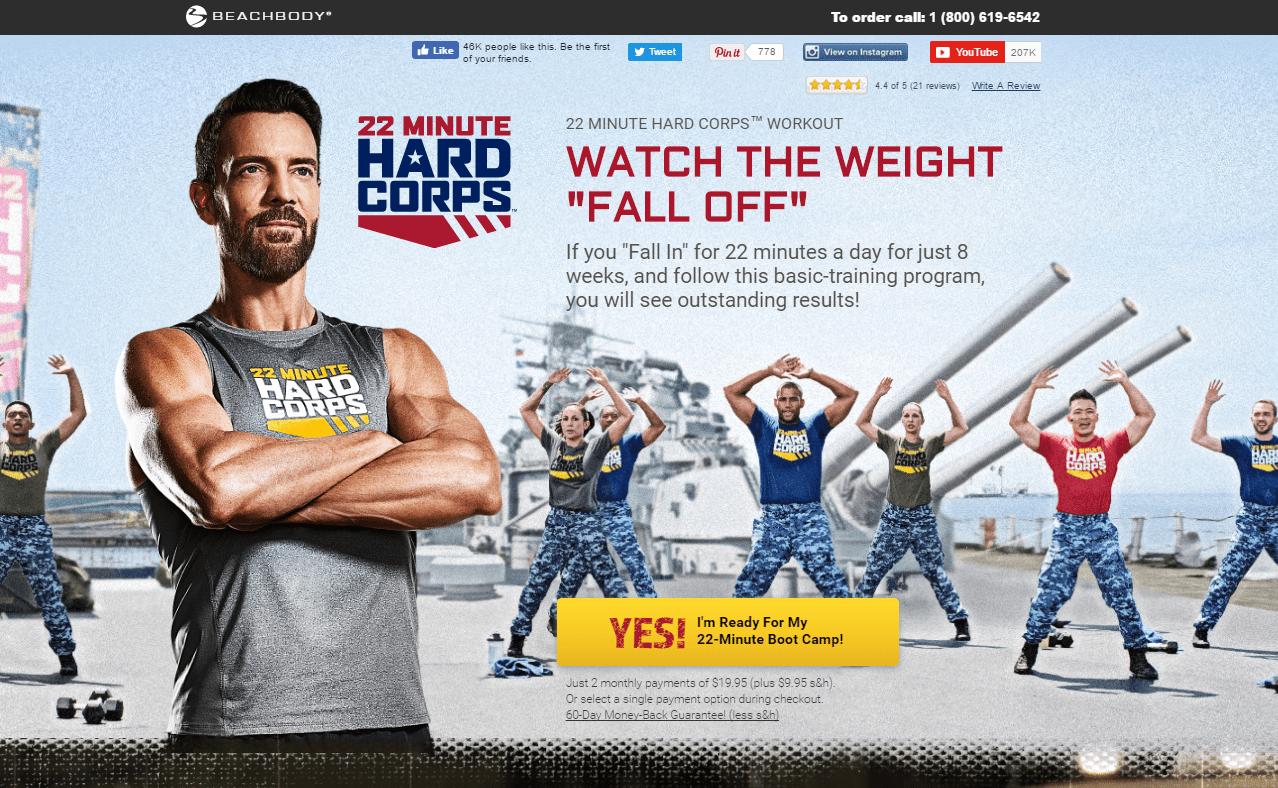 Esta imagen muestra a los especialistas en marketing cómo Beach Body Hard Corps usa una página de ventas para generar más registros e ingresos.