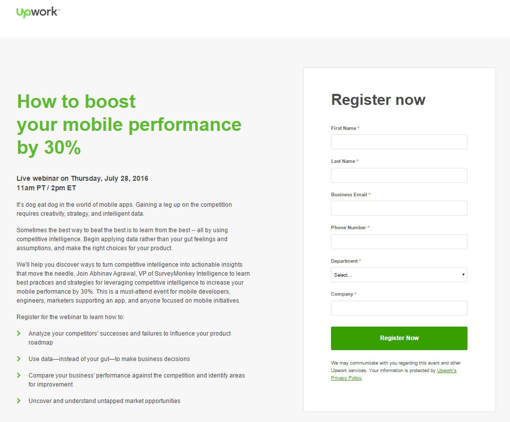 Esta imagen muestra a los especialistas en marketing cómo Upwork utiliza una página de destino posterior al clic de un seminario web para generar más registros y ventas.