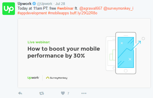 Esta imagen muestra a los especialistas en marketing cómo Upwork utiliza Twitter para generar más tráfico y registros en la página de destino posterior al clic del seminario web.