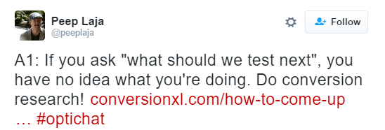 esta imagen muestra una captura de pantalla de un chat de tweet sobre las páginas de destino posteriores al clic de prueba A / B y la importancia de la investigación de conversiones