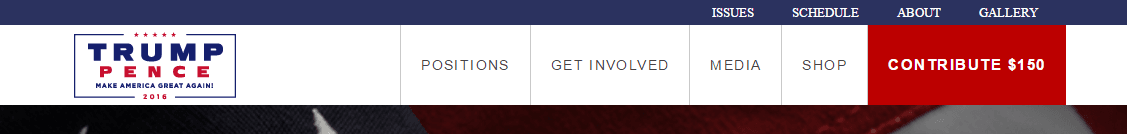 تُظهر هذه الصورة للمسوقين كيف يستخدم دونالد ترامب زر CTA بلون مغاير على التنقل في صفحته الرئيسية لتوليد التبرعات.